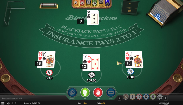 a player bets $115 at a European Blackjack table. The game is built by Play'n GO